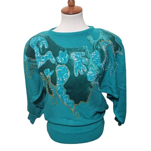 VTG 1980's Womens MAURADA Embellished Sweater Teal Blue Sz Small Dolman Sleeves - Picture 1 of 4